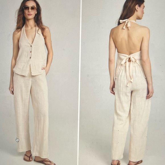 ✨Free People Take Me To Paris Cotton Low Back Tie Vest & Wide Pants Set MEDIUM - Picture 3 of 7